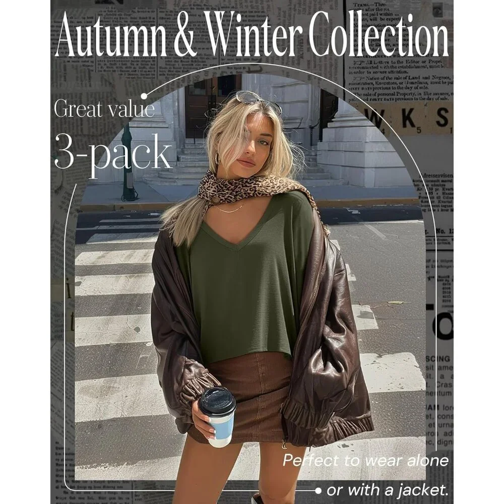 Women's Cropped Long Sleeve Top Set V Neck Irregular Hem Casual Fall